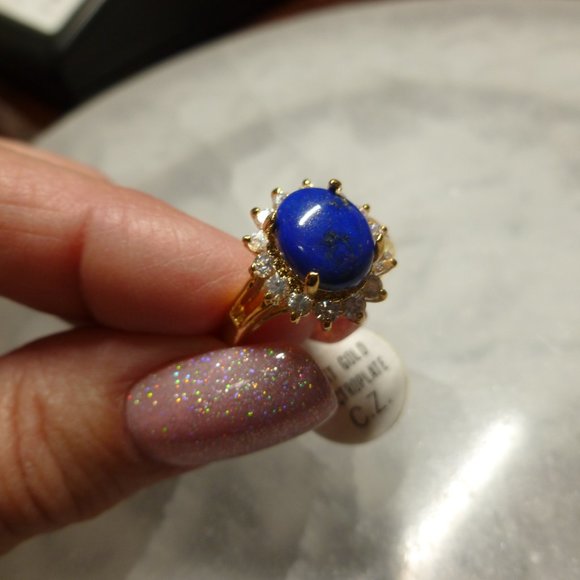 18K EP Gold Lapis Lazuli Cubic Zirconia Ring Size 8 - Picture 3 of 14